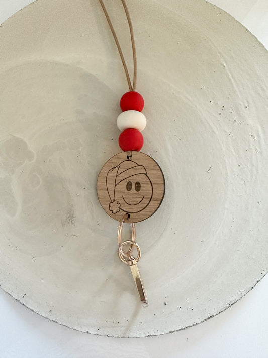 smiley with santa hat wooden lanyard