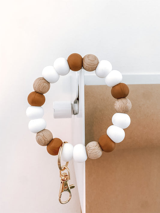 hazelnut, white + wood bracelet keychain