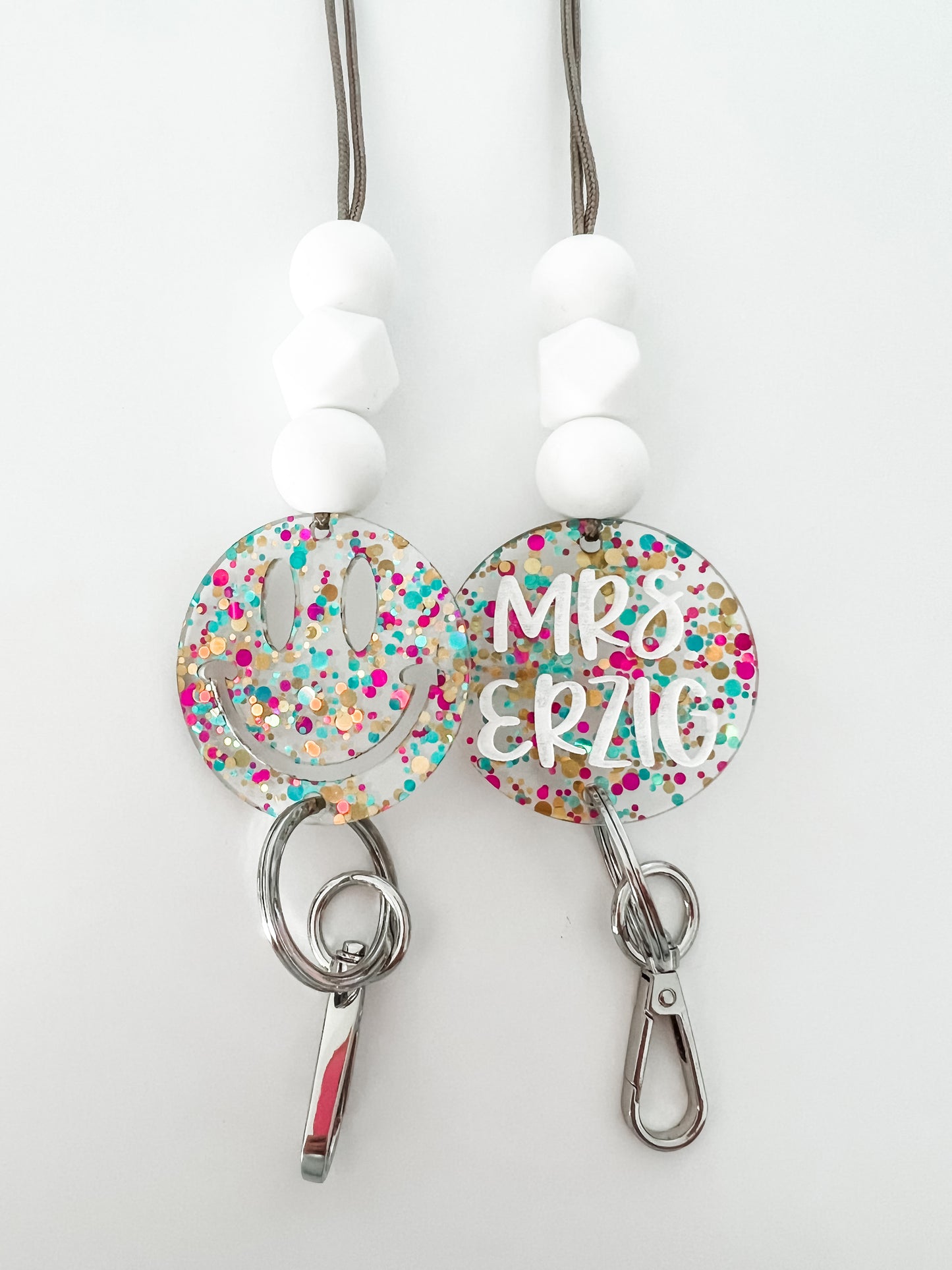 colorful confetti acrylic lanyard // personalized OR smiley