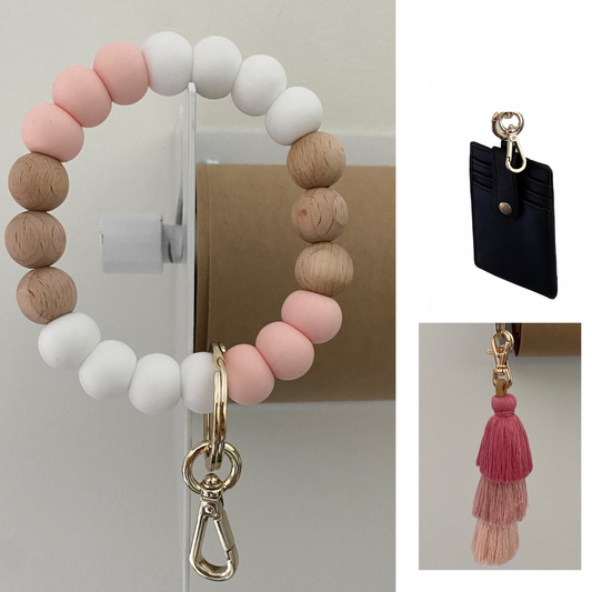 new blush bracelet keychain + pink ombré tassel + black card holder {bundle}