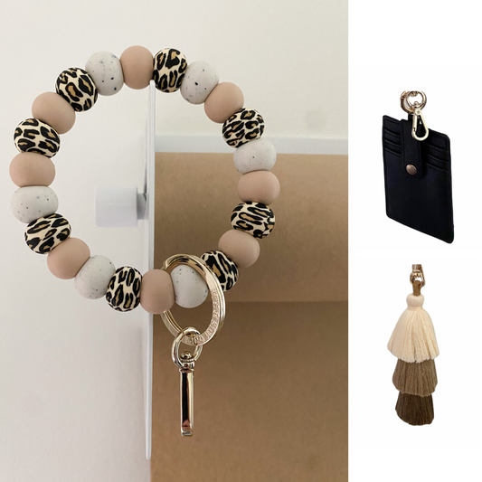 leopard bracelet keychain + tan ombré tassel + black card holder {bundle}