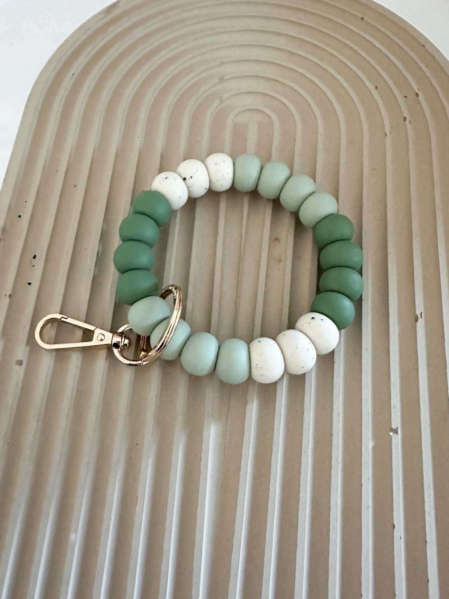 muted clover green, ivory speckled & sage bracelet keychain