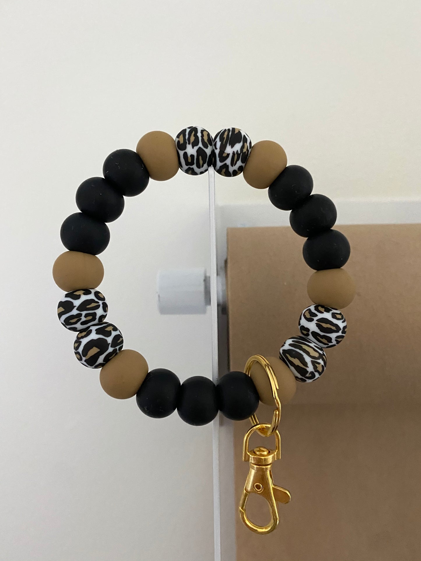 leopard, khaki + black // bracelet keychain