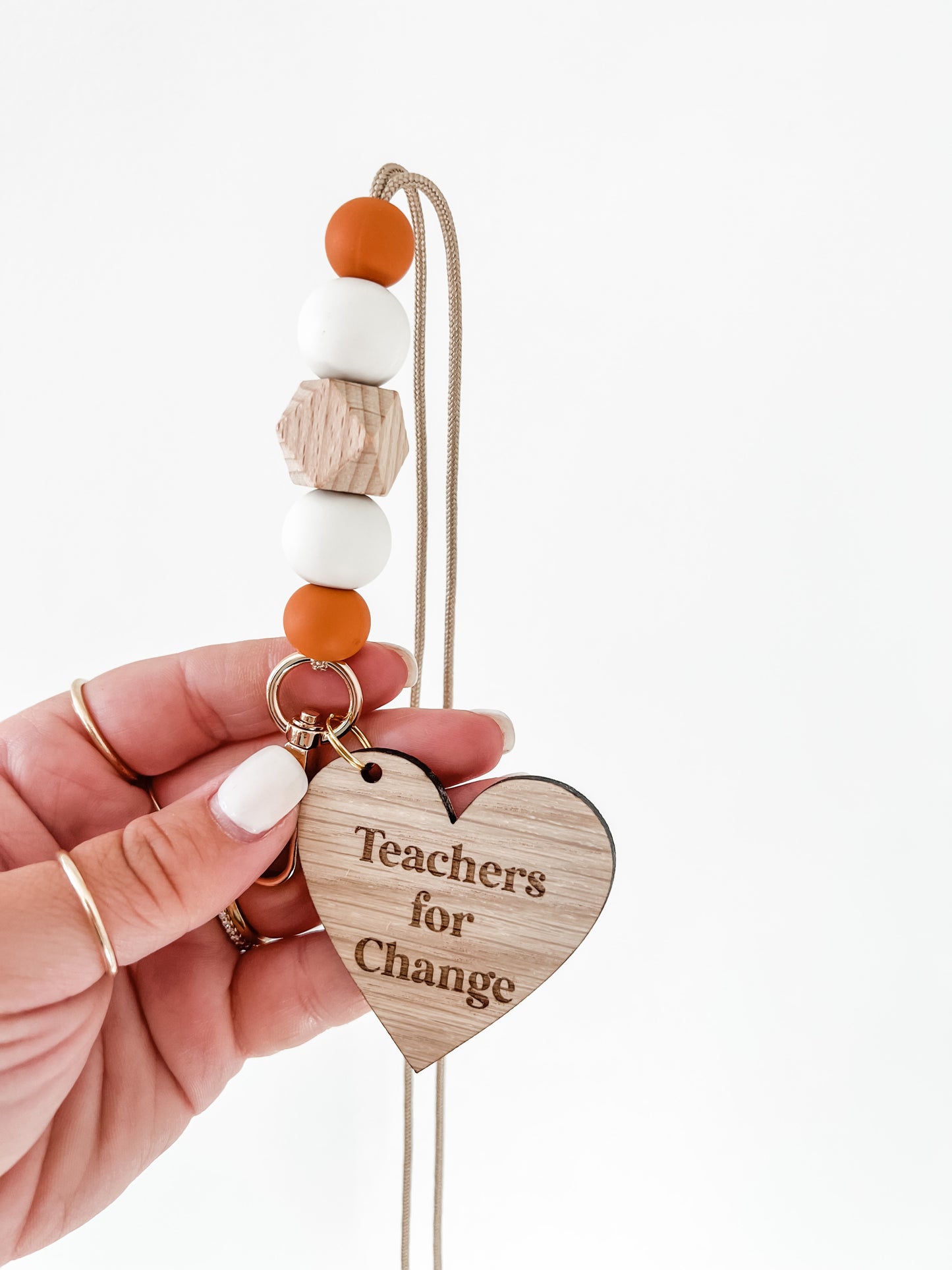 Teachers for Change donation lanyard — orange, ivory + wood teacher lanyard