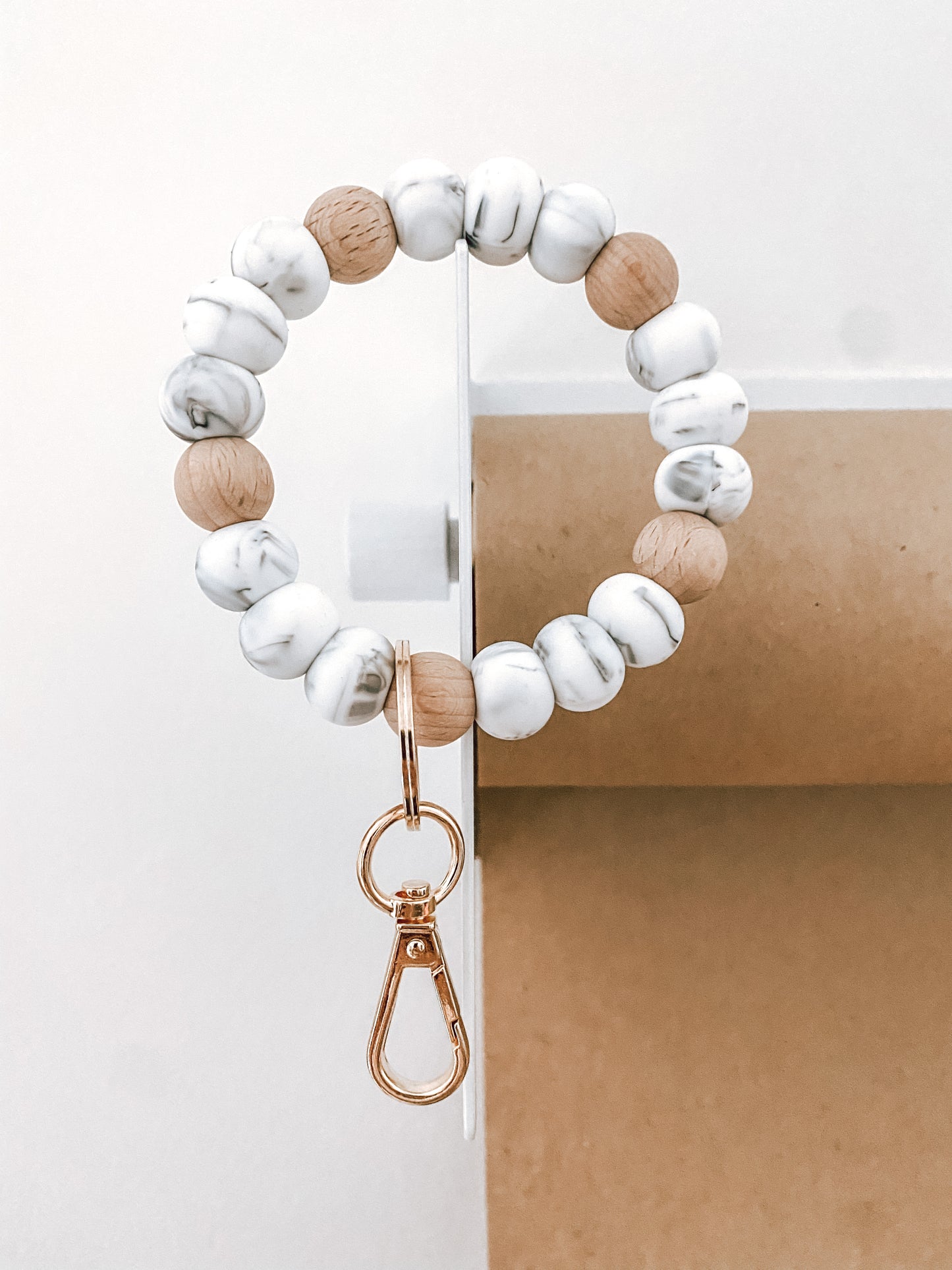marble + wood bracelet keychain