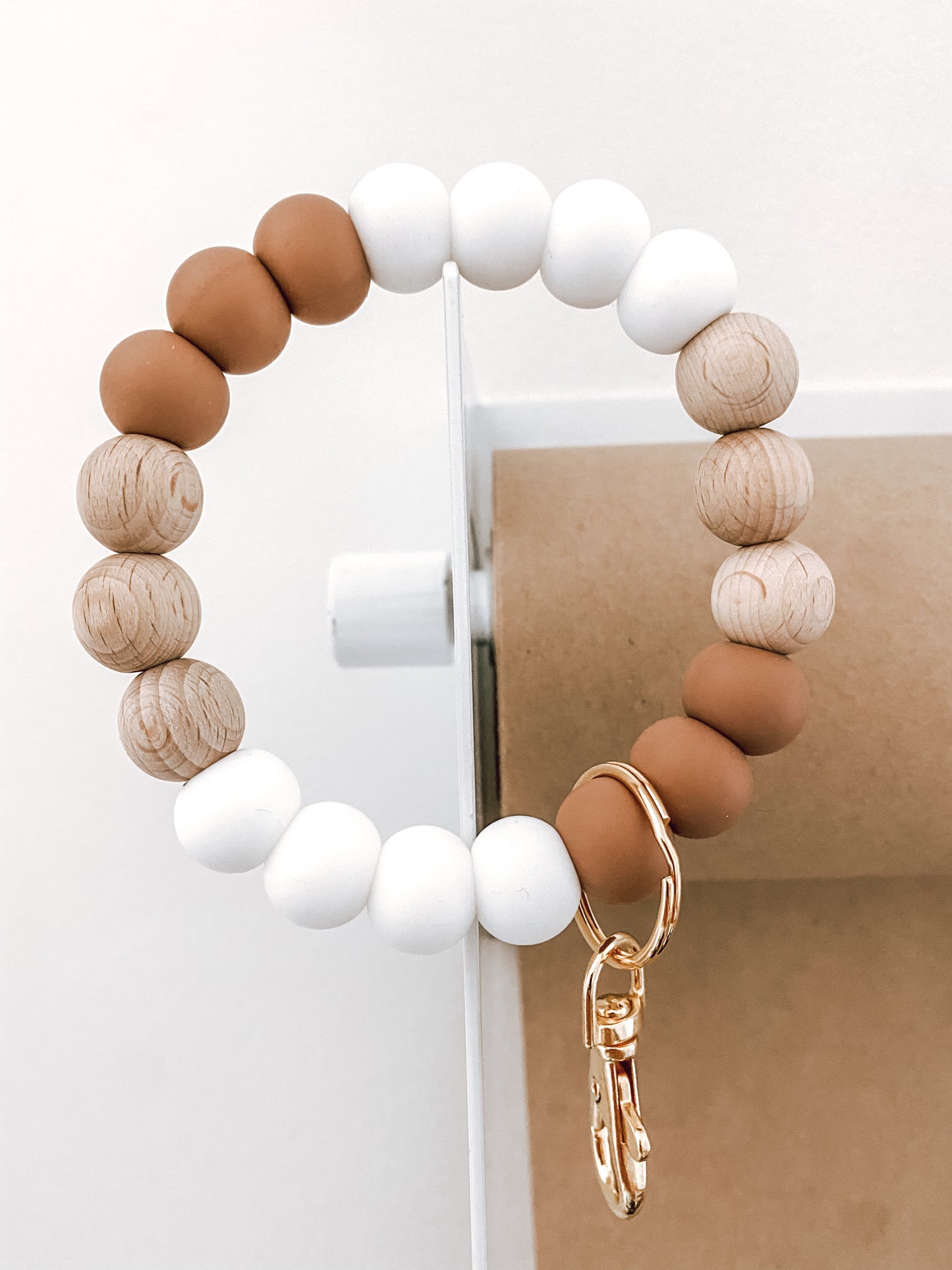 caramel brown, wood + white bracelet keychain