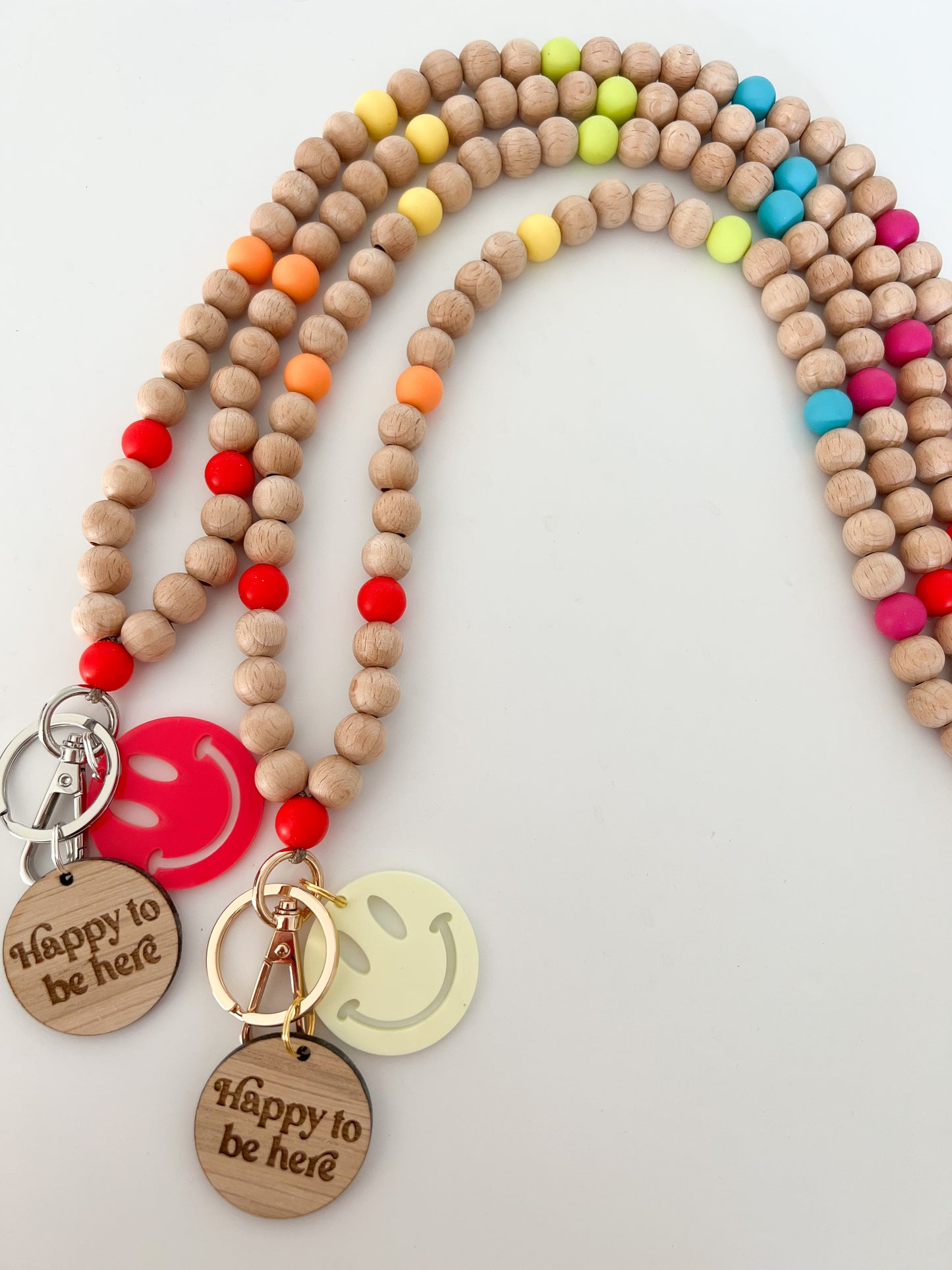 good life all beaded neon rainbow lanyard (includes smiley & happy to be here charms)