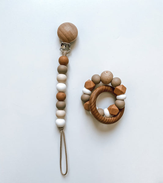 muted camel, mocha, beige + white | pacifier clip