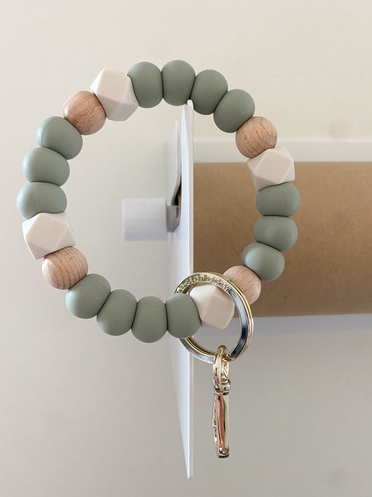 light sage green, wood + ivory hex bracelet keychain