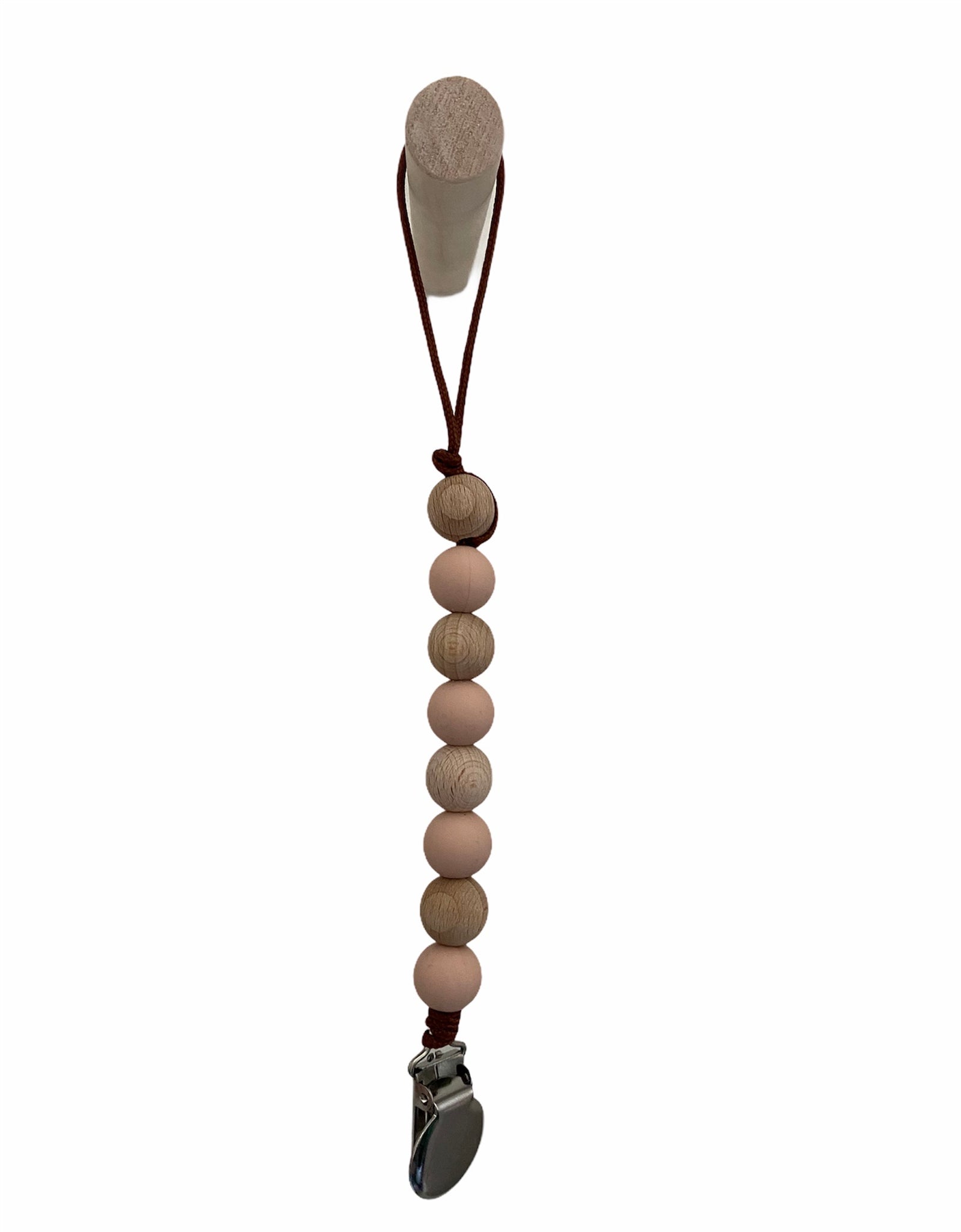 deep brown cord, blush + wood // pacifier clip